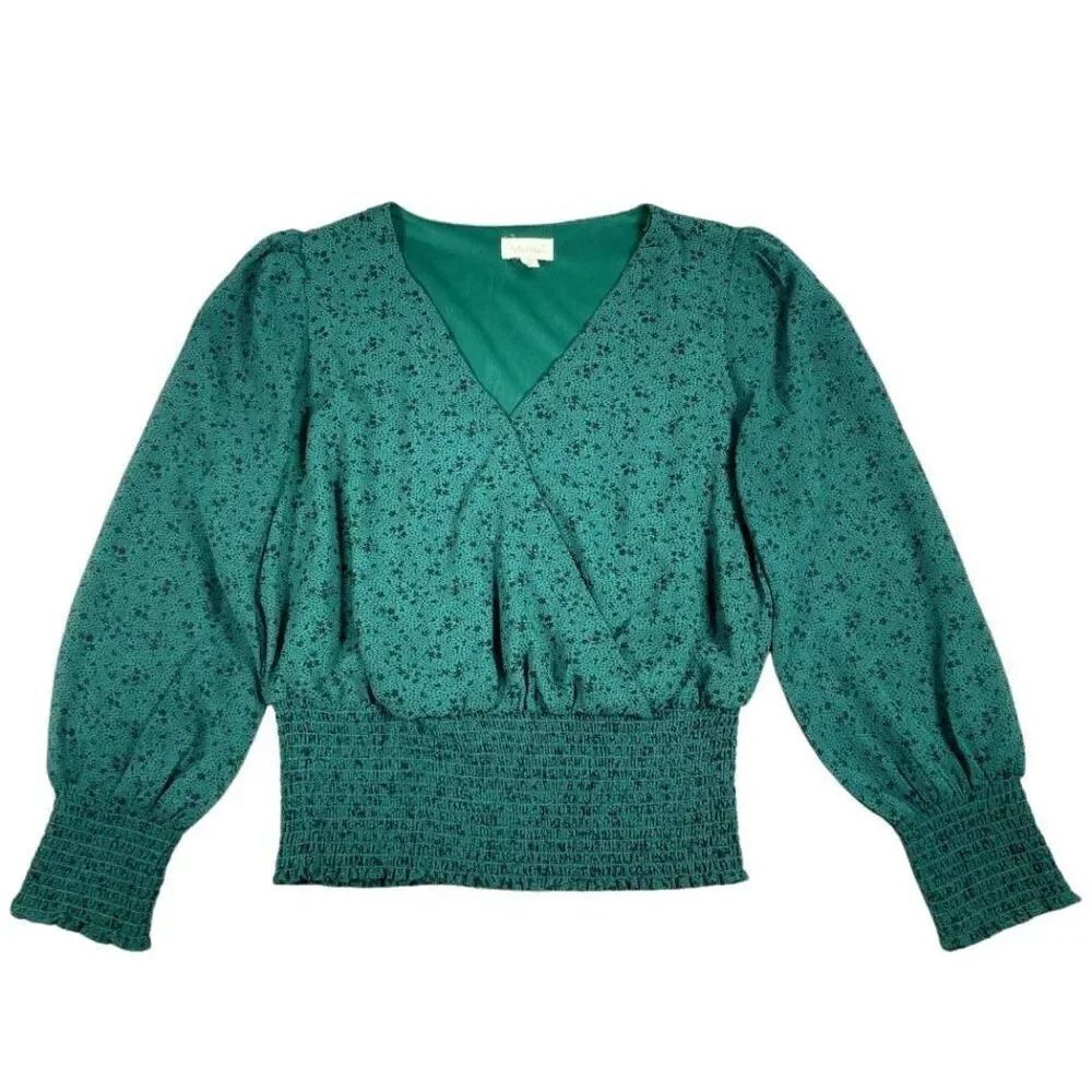 Meraki womens Sz XL green black printed long sleeve blouse